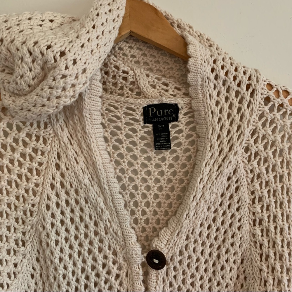 Pure Handknit Peace Hoodie Cotton Sweater, Cream, S/M - Picture 2 of 15